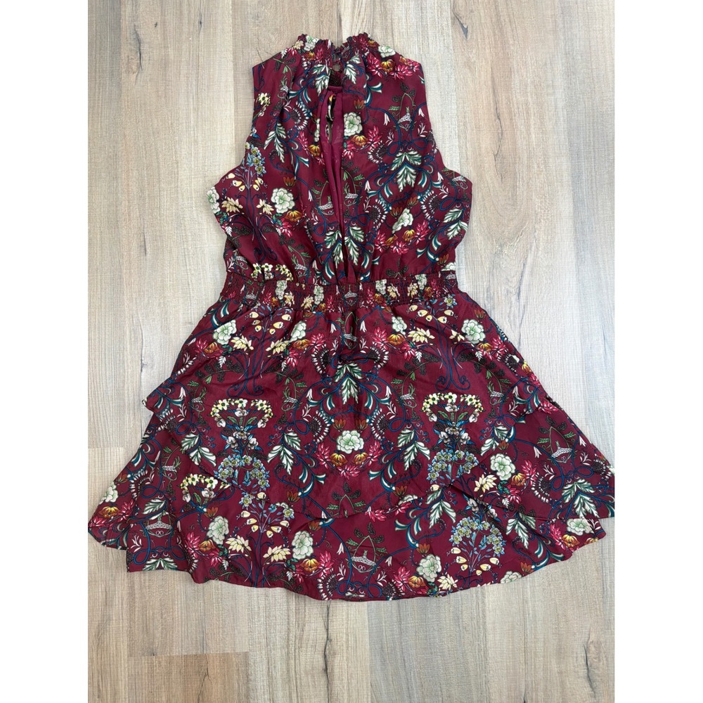 Moon River Calla Burgundy Floral Print Smocked Tiered Mini Dress MR1817 Medium - Picture 11 of 11
